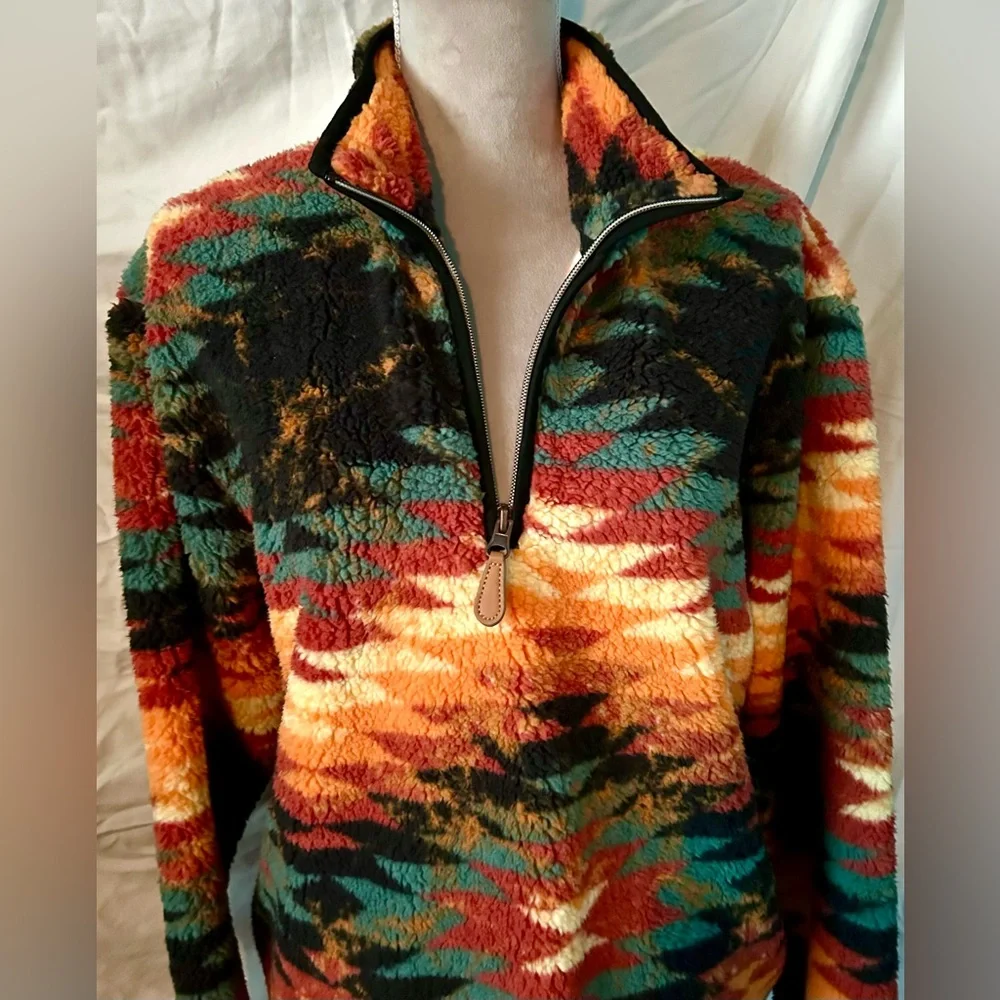 NWT Black, Orange Multicolor Southwestern Sherpa-Like Zip-Up Pullover, Size XL - Picture 4 of 10